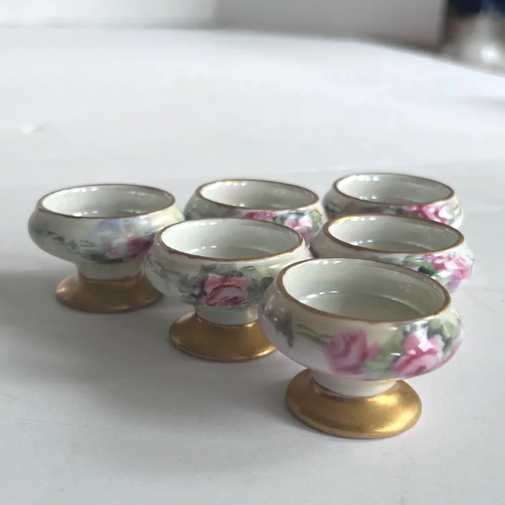 Vintage Hand Painted Porcelain Salt Cellars Set of 6 Pink Rose Gold Footed Bowls